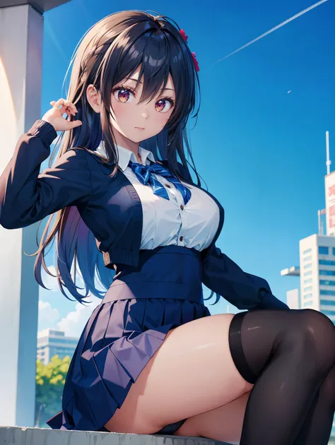  one woman、(( highest quality)), ( Hi-Res), (( Very Detailed))、( Masterpiece)、A beautiful woman who looks like an adult、She is wearing a transparent, open school uniform, a bra, and cute panties、(I'm wearing knee-high stockings)、(They are posing sexy aroun...