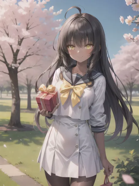 A stunningly beautiful 20-year-old woman stands in a lush green park full of cherry blossoms in full bloom under a clear blue sky. She is wearing a classic sailor uniform and holds a neatly wrapped gift box with a red ribbon in both hands in front of her c...