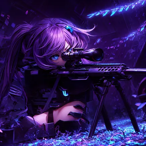 Neptunia with long purple pigtails, serious face.  Is in a war-torn city.  foreground , 