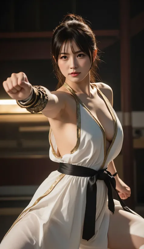 A powerful and stunning female martial artist executing a dynamic Kung Fu move with grace and intensity. She stands in a traditional Kung Fu dojo, her sharp eyes focused with unwavering determination. Her toned body is mid-action, captured in a high-energy...