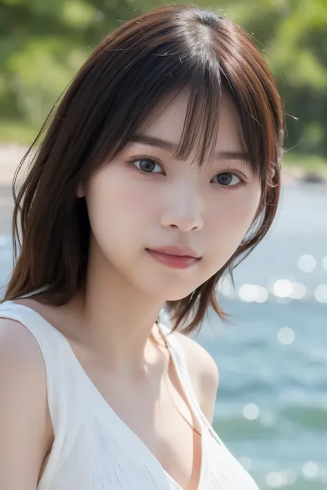  photos、's greatest masterpiece、 highest quality、 Hi-Res、A beautiful Japanese woman is standing at the edge of the waves on a summer beach、I can see the horizon、（white tight see-through blouse、 sleeveless）、( big breasts:1.3)、Soft breasts、( cleavage)、 cute乳...