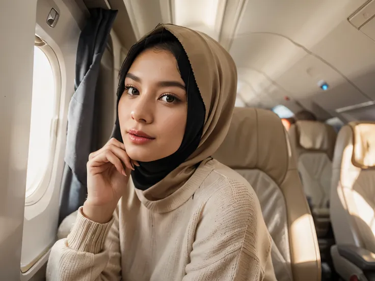 "A highly detailed and hyper-realistic digital illustration of a young woman with Southeast Asian features, wearing a black hijab. She is sitting inside an airplane near the window, resting her chin on her hand with a thoughtful expression. Her face is ill...