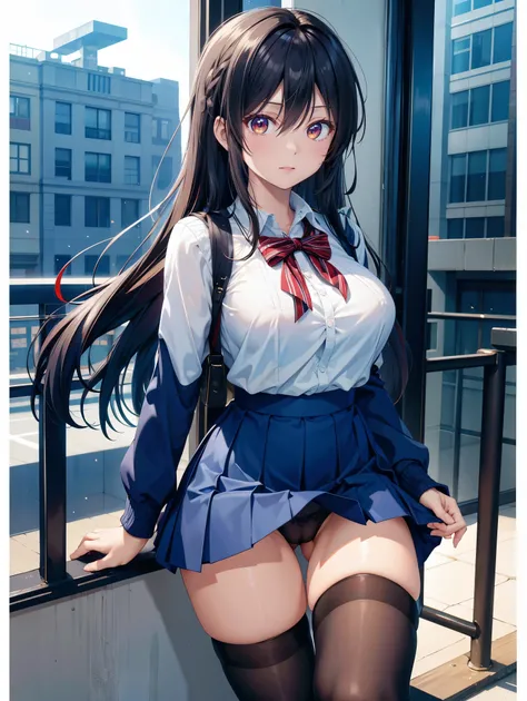  one woman、(( highest quality)), ( Hi-Res), (( Very Detailed))、( Masterpiece)、A beautiful woman who looks like an adult、She is wearing a transparent, open school uniform, a bra, and cute panties、(I'm wearing knee-high stockings)、(Sexy poses in the city)、Cu...