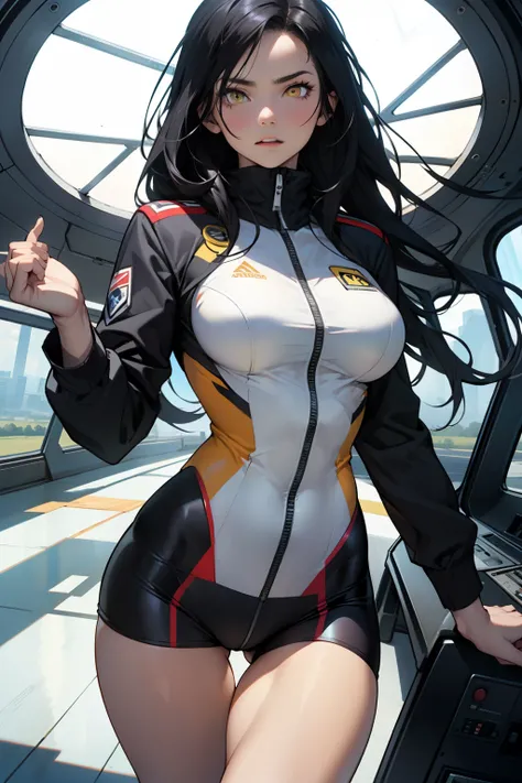 1 girl, black hair, yellow eyes, very long hair, pale skin, fit body, slender body, slim waist, large breasts, (confident expression), pilot suit, thigh gap, bare thighs, show bare legs