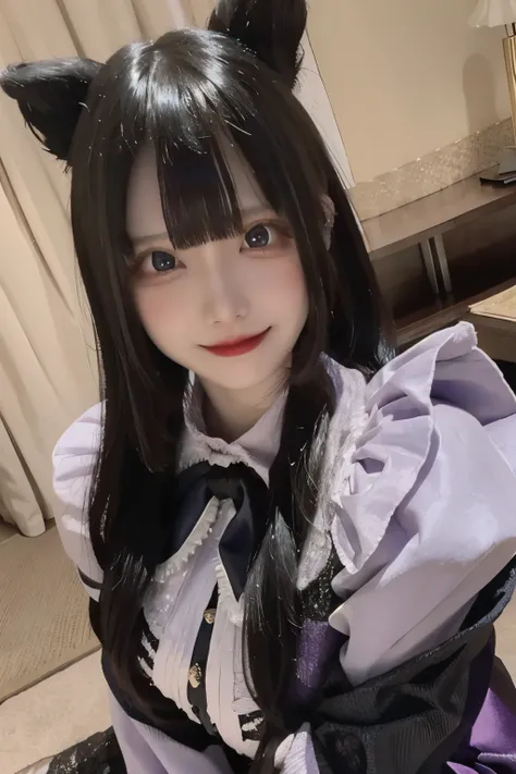  of a super realistic anime-style character Close-up portrait .  her character is long ,  black hair has purple and blue stripes 、 straight bangs with an elegant costume . They are 、 lace embellishments on the sleeves 、 the ribbon has pearl accents .  The ...