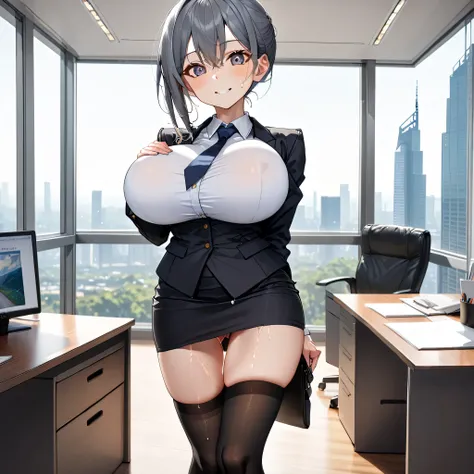 masterpiece, landscape, office room, skyscrapers in distance, BREAK, (1 skinny girl standing), arched back, arms behind back, (bouncing breasts), smile for viewer, BREAK, business suits, (black blazer cinches chest:1.3), white blouse under blazer, necktie,...