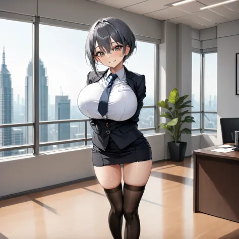 masterpiece, landscape, office room, skyscrapers in distance, BREAK, (1 skinny girl standing), arched back, arms behind back, (bouncing breasts), smile for viewer, BREAK, business suits, (black blazer cinches chest:1.3), white blouse under blazer, necktie,...