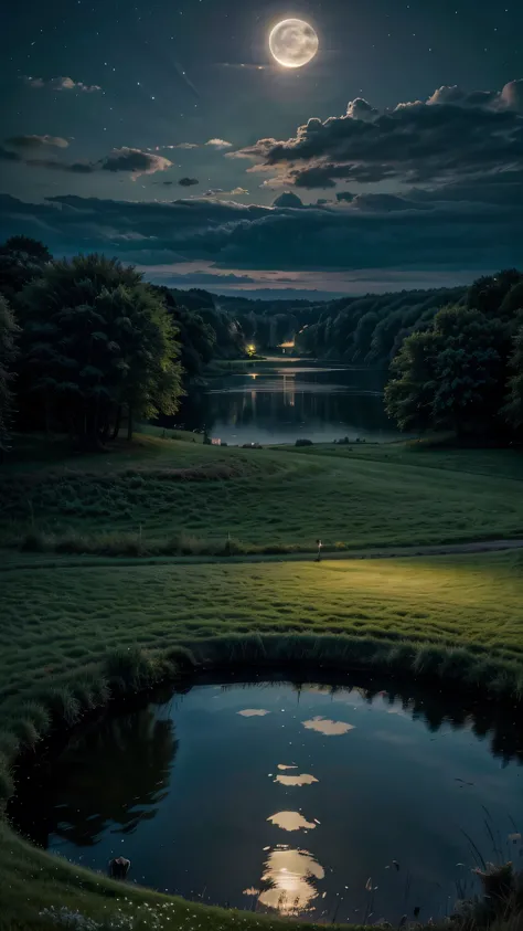 /imagine a beautiful lake in an open green grass area night time with full moon with aesthetic aura mystic sky glowing flys mystic little rabbits,4k, highly detailed image.