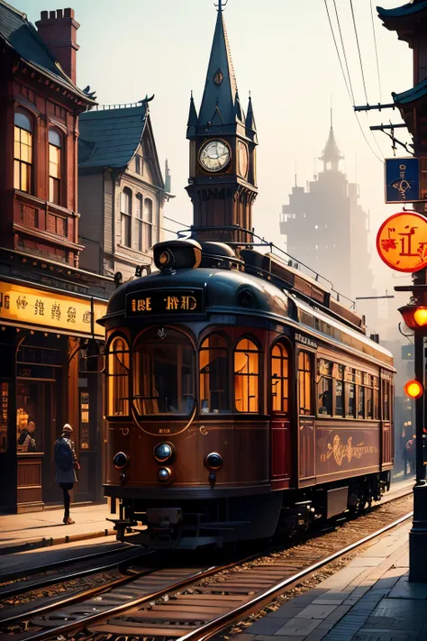 ( highest quality:1.2)。steampunk。Steampunk streetcar 。 The background is a Victorian-style steampunk cityscape。