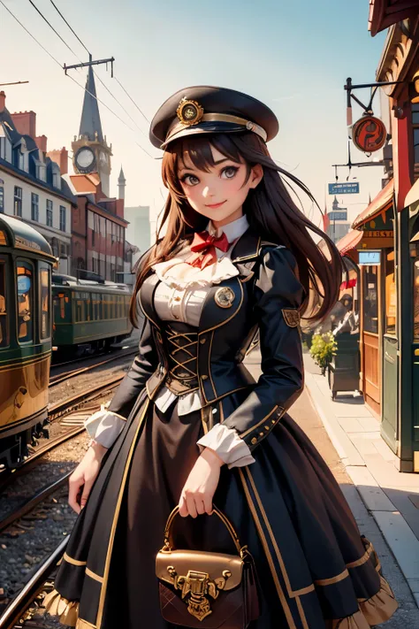 ( highest quality:1.2)。steampunk。 one woman。 Steampunk Streetcar Driver。Railroad Man's Uniform 。 Railroad Man's Uniform 。 watch the viewer。 smile。 The background is a Victorian-style steampunk cityscape。