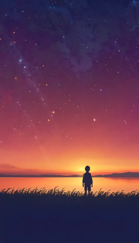 Draw a simple art in Tintinpixai style,minimalist a young boy pequeño long exposure starry sky with many circular orbits, focus at stars,silhouette Anime beautiful peace scene, verano sun sunset nostalgic animated animated art background, Makoto Shinkai!...