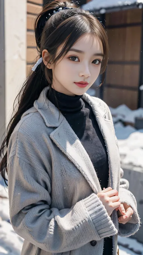 European Streets,Snowy cityscape,outdoors,Hair style: ponytail,wearing a deep navy blue winter coat with a fur-lined hood and cuffs. The coat is elegantly tailored, double-breasted with gold buttons, and has a slightly flared silhouette, giving it a stylis...