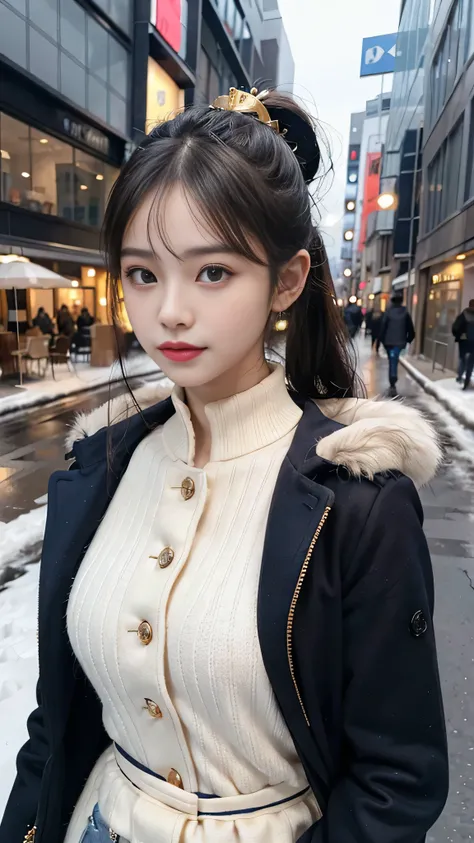 European Streets,Snowy cityscape,outdoors,Hair style: ponytail,wearing a deep navy blue winter coat with a fur-lined hood and cuffs. The coat is elegantly tailored, double-breasted with gold buttons, and has a slightly flared silhouette, giving it a stylis...