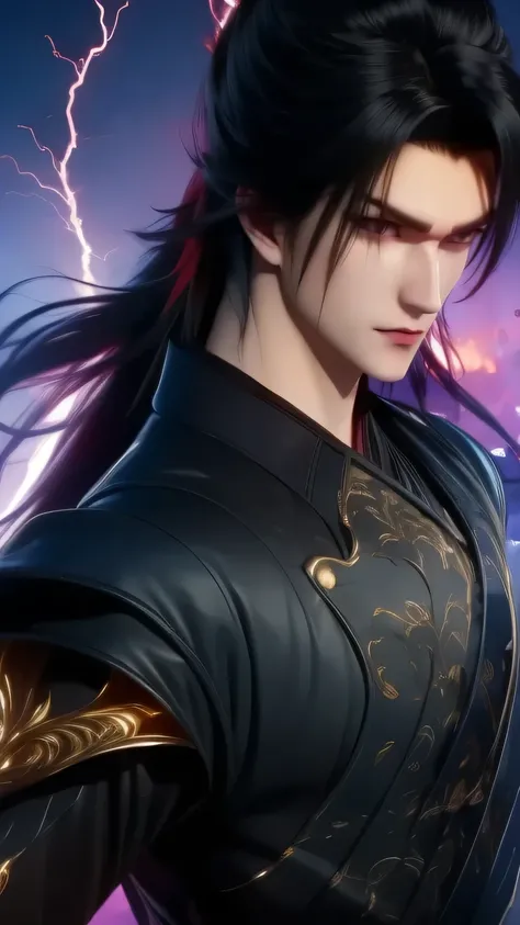 epic anime style, purple lightning, evil temperament, 20-year-old male shadow assassin, glowing black aura, shadow supervisor, handsome face, brilliant and majestic. Beautiful standard body and complete body structure. full body shot of a man with lightnin...