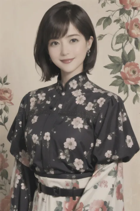 355 (20-year-old woman),( short hair), ( High Definition Photos ), (smile), (Picture Frame、floral fractal background), ( waist belt)