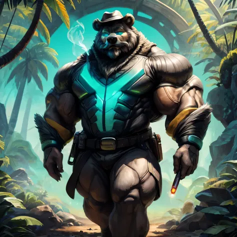 An alone anthropomorphic explorer bearded mustached bear, wearing explorer cloth, walking in a jungle (realistic, detailed, american shot, very muscular, grey fur, is 3 meters tall, bear head, grey thick big mustache, grey thick long beard, grey hair, brig...