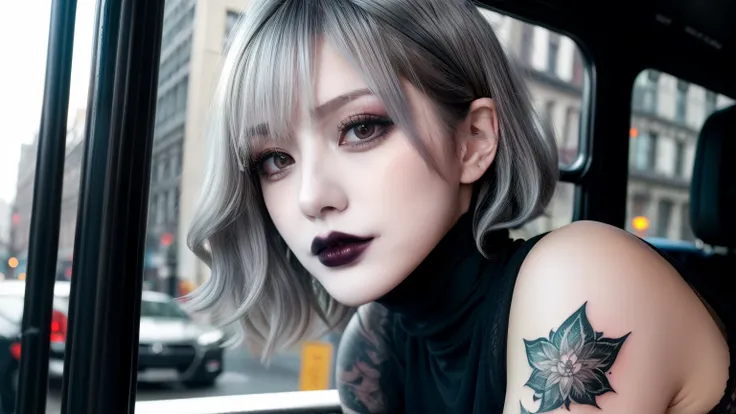  highest quality,  Masterpiece,  ultra high resolution, ( realism: 1.4),  tattoo, White curly hair ,  short hair,  pale skin on a street car, Bedhead, Goth,  happy,  Slightly Thin Bangs ,  black turtleneck,  Black Lipstick , Gray Hair