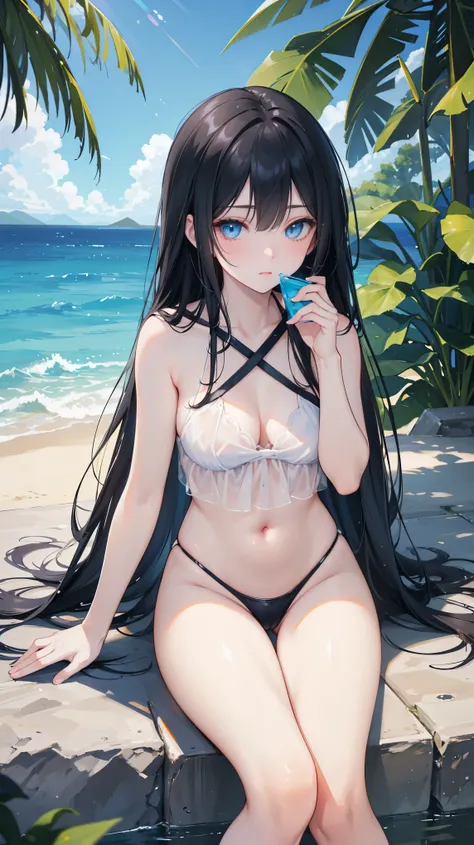  long black straight hair, swimsuit,  blue eyes， Holding a soda , Relaxation posture, sit, review, HEALTHY SKIN , Outdoor scenery, Blue sky, Bright natural lighting ,  and the sun shines in from the top left, Warm and soft atmosphere, Side Angle, Moderate ...