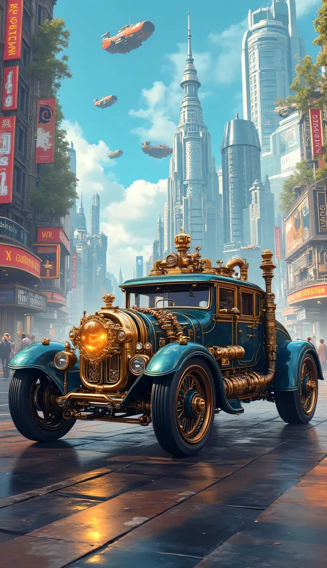 ( masterpiece:1.2 ), ( super detailed), 8k, 16k, wallpaper,(  steampunk:2.0) ,sci-fi ,retrofuture,Team Punk Car , Steam Engine Powered Car , Anime Artwork,セダン