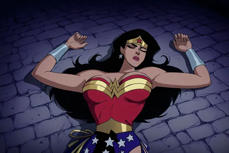 Amazing artwork, Wonder Woman, dark hair, angular features, large breasts, unconscious, lying out cold on the floor, in a stone-brick dungeon, thrown to the floor, sprawled out, eyes closed, comatose