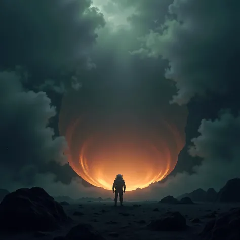 A large, ominous, and glowing sinkhole at the center of a barren, desolate landscape, with dark swirling fog and glowing lights emerging from its depths, minimal background detail, focusing entirely on the sinkhole the cosmonaut stands over the hole
