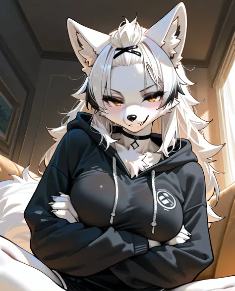 1girl, (furry, furry female:1.4), animal ear fluff, animal nose, snout, [medium breasts:1.9], curvy, blush, masterpiece, best quality, amazing quality, very aesthetic, newest, furry female, breasts, looking at viewer, arctic wolf furry, arctic wolf ears, a...