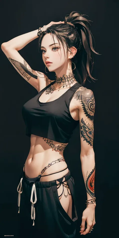 beautiful warrior woman, intricately covered in tattoos, (wearing a black tank-top and baggy joggers), athletic body, dramatic lighting, hyperrealism, absurdres, masterpiece, highly detailed RAW color art