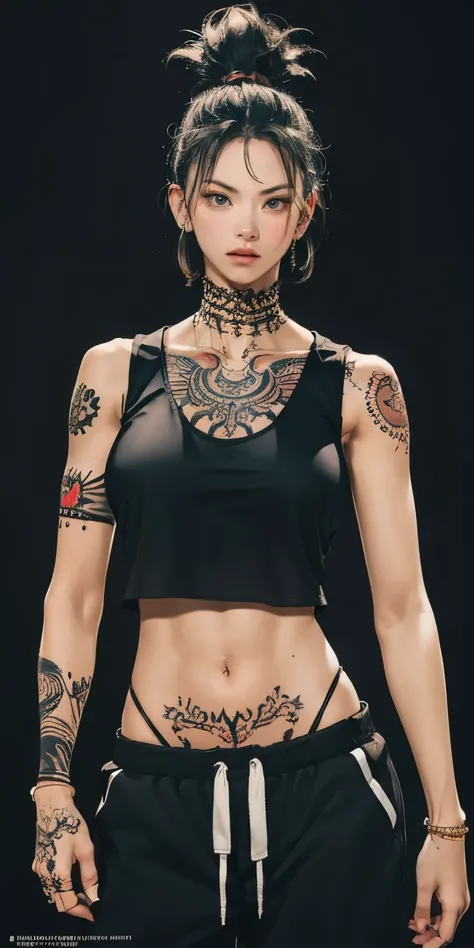 beautiful warrior woman, intricately covered in tattoos, (wearing a black tank-top and baggy joggers), athletic body, dramatic lighting, hyperrealism, absurdres, masterpiece, highly detailed RAW color art