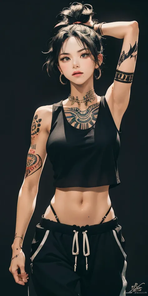 beautiful warrior woman, intricately covered in tattoos, (wearing a black tank-top and baggy joggers), athletic body, dramatic lighting, hyperrealism, absurdres, masterpiece, highly detailed RAW color art