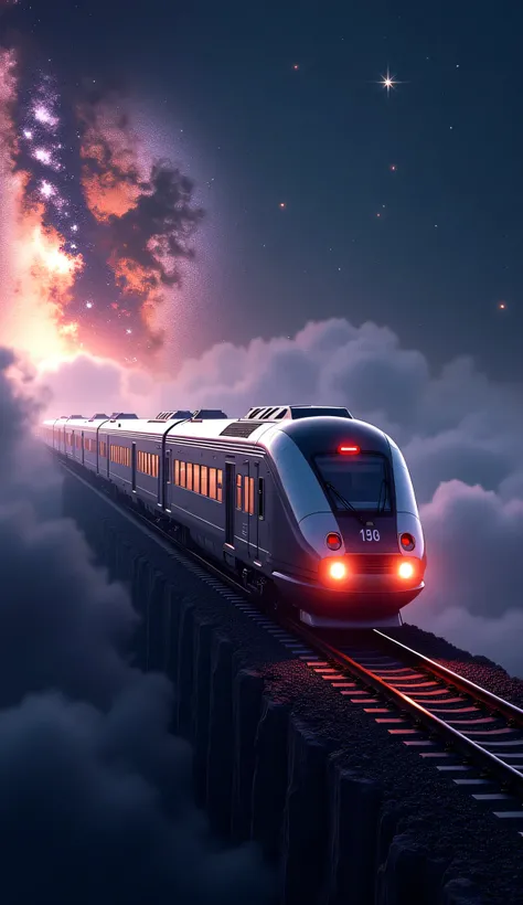 Spaceship train,10-car train,( beautiful 機体:2.0),(Background - outer space and the Milky Way:1.6), Masterpiece , of the highest quality, ultra high resolution,( Super detailed),8 K, realistic, best aesthetic, beautiful ,( dynamic )