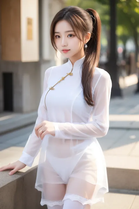 A young woman wearing a white blue bunting　 ponytail on panty　 see-through