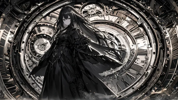  Black and white drawing, giant clockwork background, human, 26-year-old female, black neat hair, a lonely face, wearing a black gothic dress, rising above the clock hands." 4k , 8k ultra , sharp