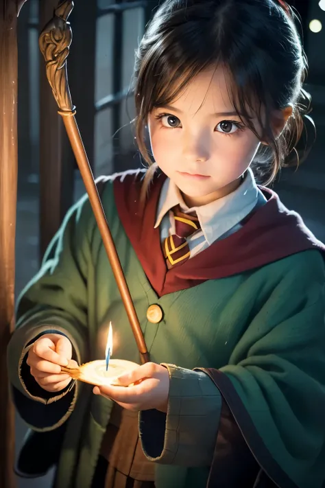  little young girl,black hair , Harry Potter ,ponytail , the wizard, has a cane,Magic School,night,Casting a Spell,The cane emits a green flash,Voldemort