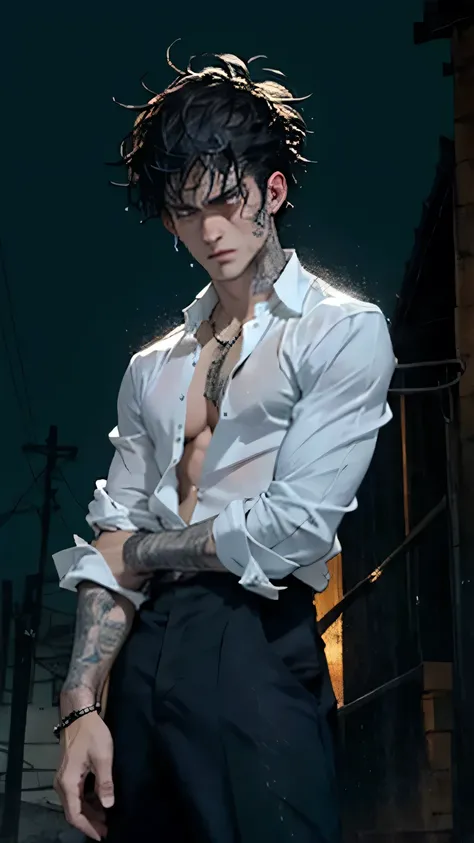 A semi-realistic digital painting of a man dressed in an open white shirt. It's night time, and there is a lonely atmosphere to the image. He has a muscular body with olive skin, wet clothes hair and skin, been in the rain, messy dark hair, sly smirk on fa...