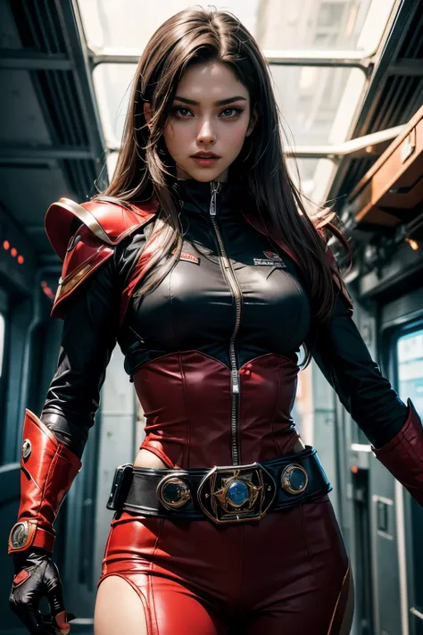 A beautiful woman looking at the camera with a challenging expression. facial details. Beautiful eyes. The bridge of my nose. Tight mouth. Twenty years old. Dark brown hair. She wears a red metallic battle uniform. There is something on his waist that is r...