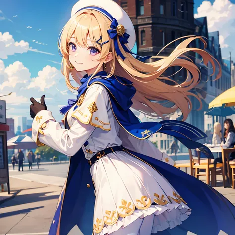  Hi-Res、 highest quality、 Masterpiece、Outdoors、solo、1 woman、wwphoebe 、 very long hair in the anus、 blonde hair、 dull bangs、 purple eyes、Hair Ribbons、x-shaped hair ornament、phoewvdef、 phoewwdef 、White Hat、 white dress、 capelet 、button、 blue brooch 、 Blue Ri...