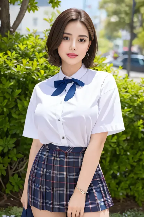 NSFW, 8k RAW photo, top-quality, masterpiece, 超A high resolution, film grains, film, 1girl in, looking at the viewers, natural skin textures, realistic eyes and face details, Full lips,, Fluffy short hair, hair messy, A smile, closes mouth, Beautiful legs...