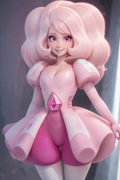 pnkdamond, pink hair, pink eyes,  big hair,  stomach gem,  pink skin,  toned, 
puffy short sleeves, elbow gloves ,  white thighhighs,   puffy dress, 
standing, upper body, 
 outerspace,  
(insanely detailed, beautiful detailed face,beautiful detailed eyes,...