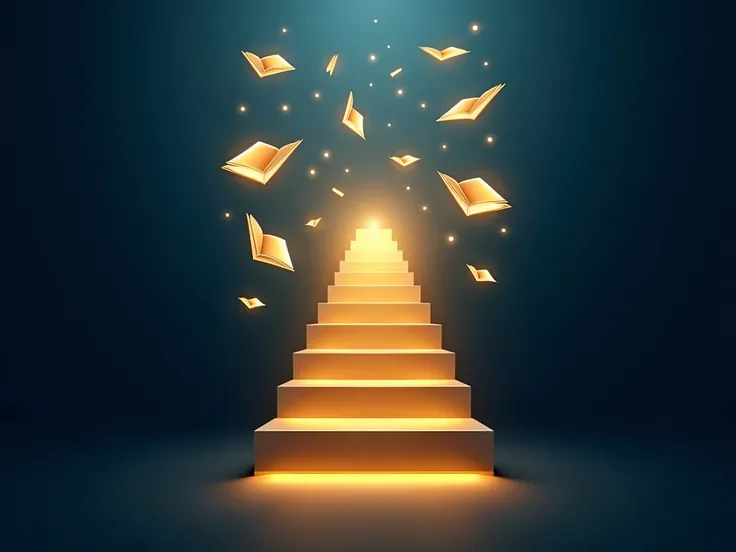 "A symbolic representation of personal mentoring, using abstract visuals. A glowing path or staircase leading upward, symbolizing growth and guidance. Floating books, light trails, or interconnected geometric shapes suggest knowledge transfer and structure...