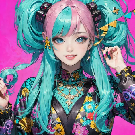 An Anime  illustration of happy cyberpunk girl、 1 girl completely naked、 18 year old girl ,  Confident Cyberpunk Girl Smiling, ((Harajuku Pop Outfits )), bold colors and patterns, Eye-catching accessories ,  trendy and innovative hairstyle , Brilliant Make...