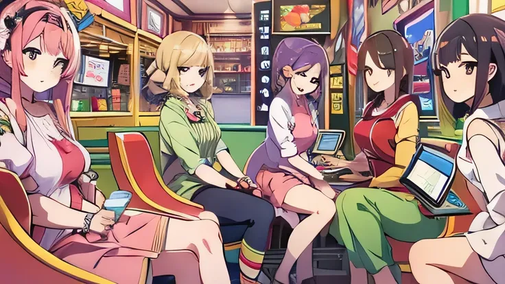 5 girls, anime-style sisters in a pachinko parlor