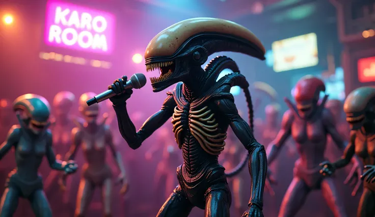 A whimsical image of an Alien's Xenomorph singing in a Karaoke bar.