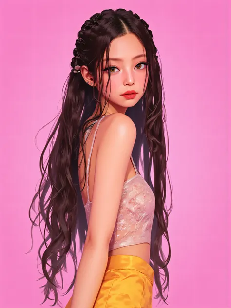 jennie kim, a pink girl with 1,60 tall, black braids in hair and a normal body Braids all over hair ,as if they had been placed But they are loose not attached