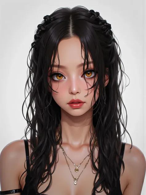 jennie kim, a white girl with 1,60 tall, black braids in hair and a normal body Braids all over hair ,as if they had been placed But they are loose not attached