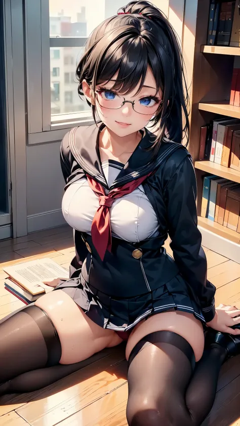  in the seat ，18 years old，(( black hair ponytail， Blackeye)) ，(( black sailor suit on the background，Intellectual glasses，black ultra-fine pleated miniskirt， black thigh high stockings :1.3))，(( cowboy shot))， glamorous body ，((4K，8k，CG Unity， masterpiece...