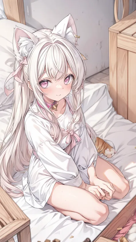 （Extreme Light and Shadow） masterpiece， a girl ， kneel in bed， white bed， Luxurious interior background ，Pink and white maid outfit， Decorated with pink ribbons on the skirt， Black collar with bells ，Well behaved， white stockings， white hair ，Cat girl， ear...