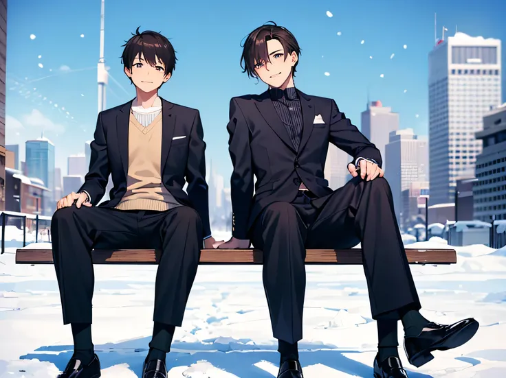 日本人duo　　 handsome　 short dark hair  　　short cropped 　　　 male　duo　　Slim figure　　 Thick Sweaters 　　　 long pants　　Background is snow　Just snow 　　　 Future City Skyscrapers and Highways　　 blue sky　　　Sit on a bench and look at the camera　 cross your legs　　smile　...