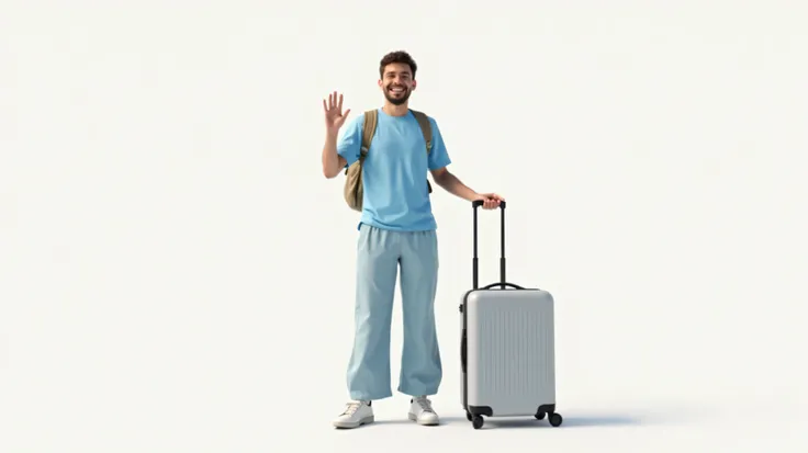 /imagine prompt: A smiling traveler wearing a sky-blue linen t-shirt and wide sports pants, waving at the camera while holding a modern suitcase, bright white background, soft natural lighting, ultra-HD details, photorealistic clothing textures, minimalist...