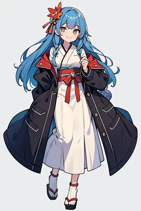 (( highest quality)), (( Masterpiece)), ( Details),  one woman、 complicated grooming、 blue hair、 LONG HAIR-、 are standing、Small kimono underneath、 Jumper 、 I'm wearing a jumper、A very big coat、Outerwear is modern style clothing、Smirking face、grinning、smile...