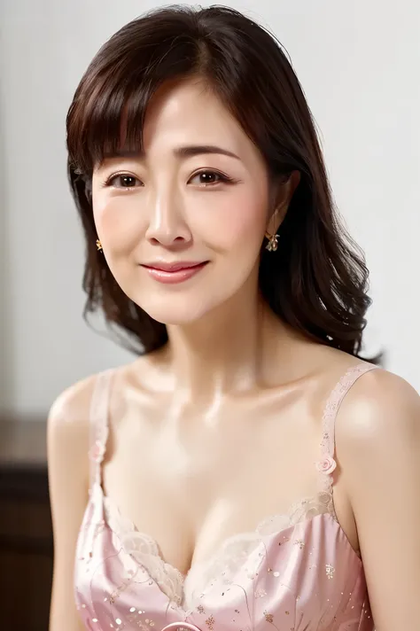 ( highest quality、 Table Top、8k、 best image quality、 Award-winning work )、 mature woman、50 years old、Close-up of face、 smile、 accurate anatomy、 simple blurry background 、 stare at me、 Natural Makeup、Beautiful glowing skin、Classy medium hair 、 glossy lips、 ...